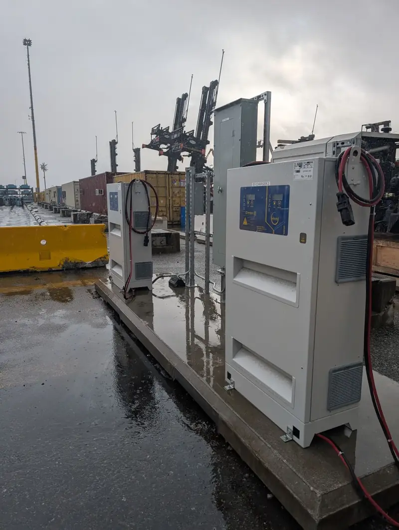 Stanbury outdoor charging cabinets installed in a working container yard