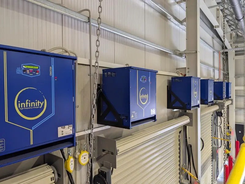 Wall-mounted Stanbury Infinity chargers with cable retractors