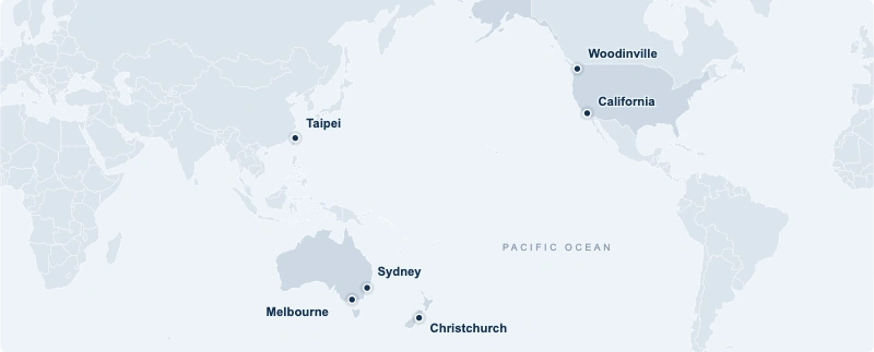 Pacific-centred map showing Stanbury contacts in Melbourne, Sydney, Christchurch, Woodinville, California and Taipei